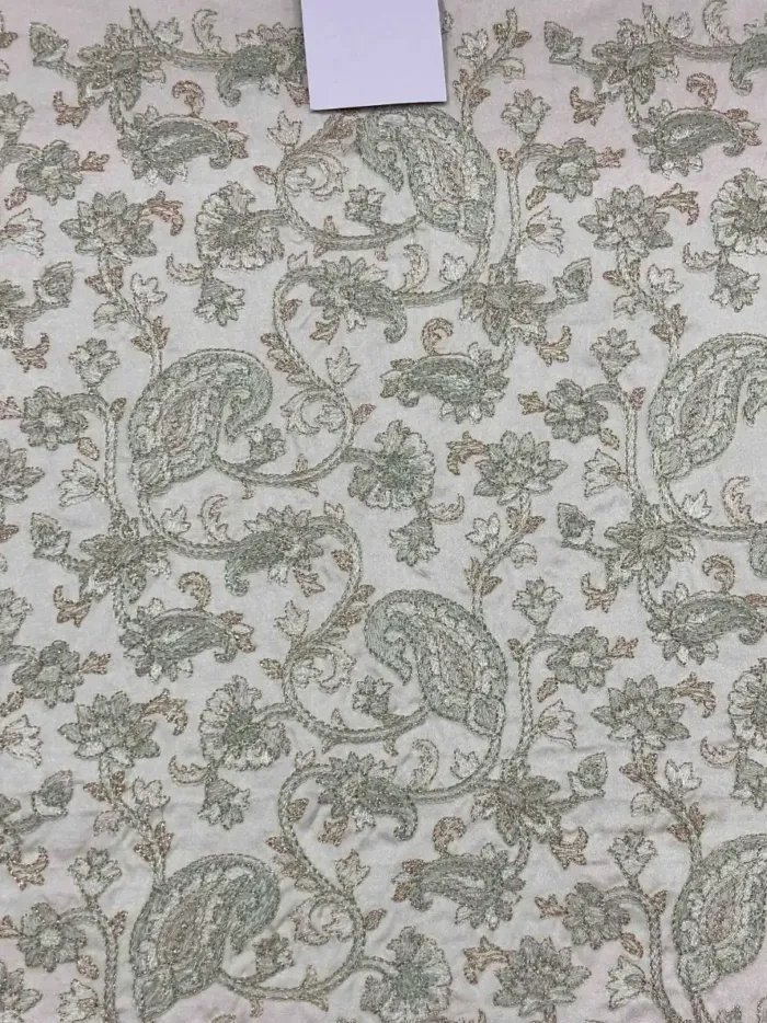 KashiFab CHO Ivory Sage Paisley Embroidery KashiFab CHO Ivory Sage Paisley Embroidery - handloom embroidery fabric Varanasi wholesale