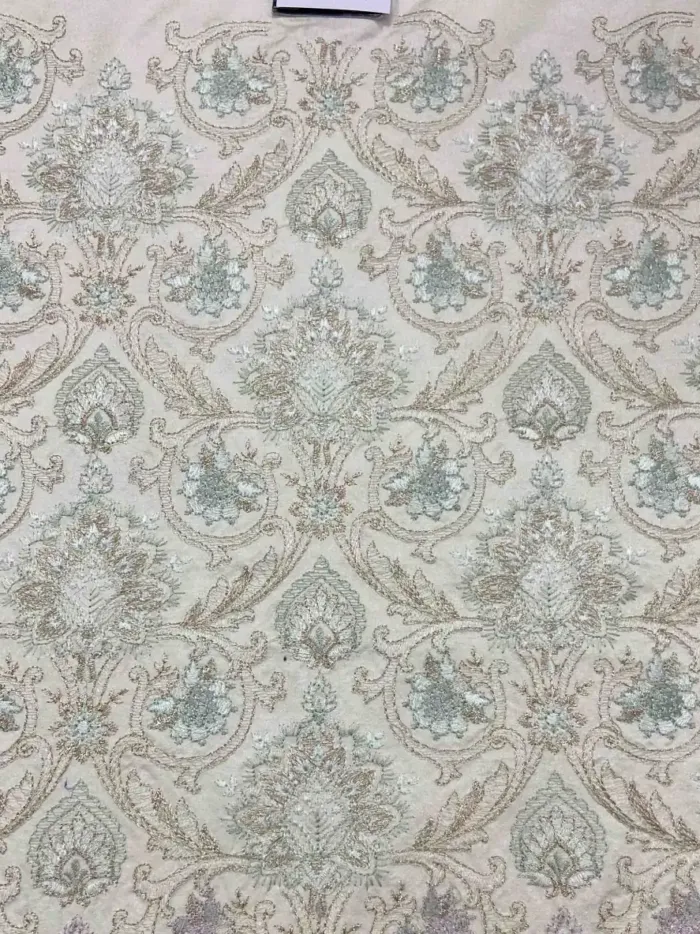 KashiFab CHO Ivory Sage Floral Jaal Embroidery KashiFab CHO Ivory Sage Floral Jaal Embroidery - handloom embroidery fabric Varanasi wholesale