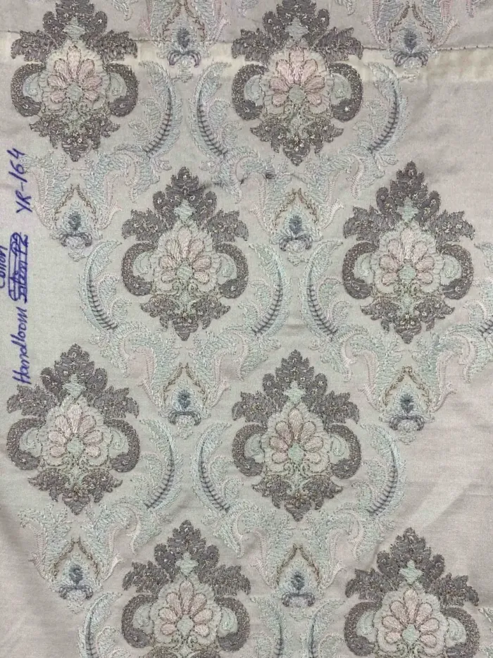 KashiFab CHO Ivory Grey Damask Buta Embroidery - handloom embroidery fabric Varanasi wholesale