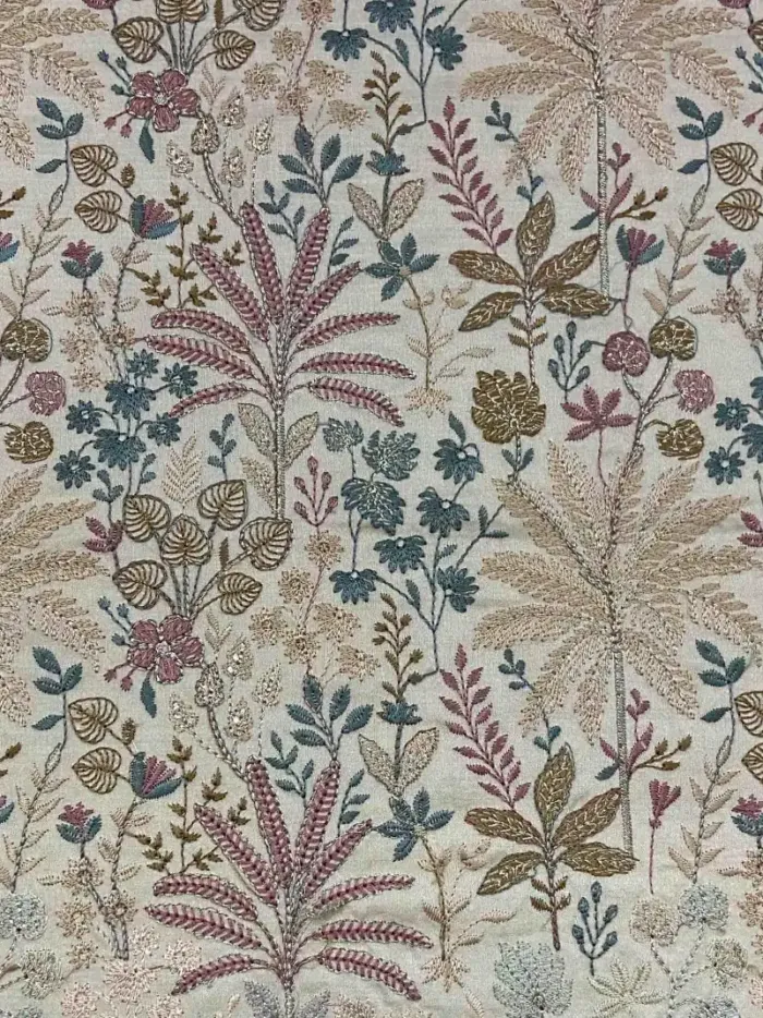 KashiFab CHO Ivory Meadow Leaf Embroidery - handloom embroidery fabric Varanasi wholesale