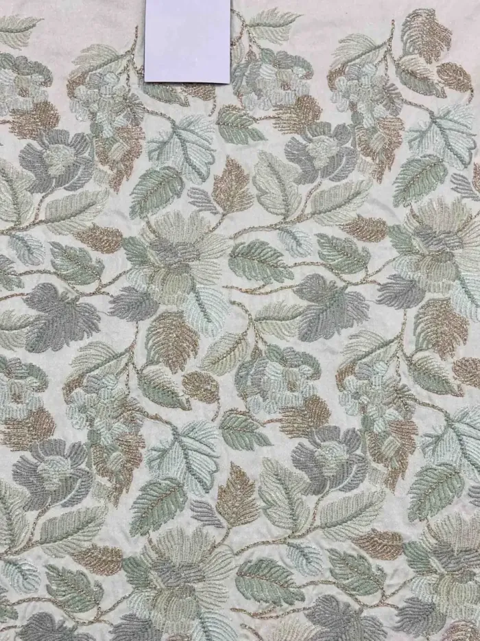 KashiFab CHO Ivory Sage Vine Leaf Embroidery - handloom embroidery fabric Varanasi wholesale
