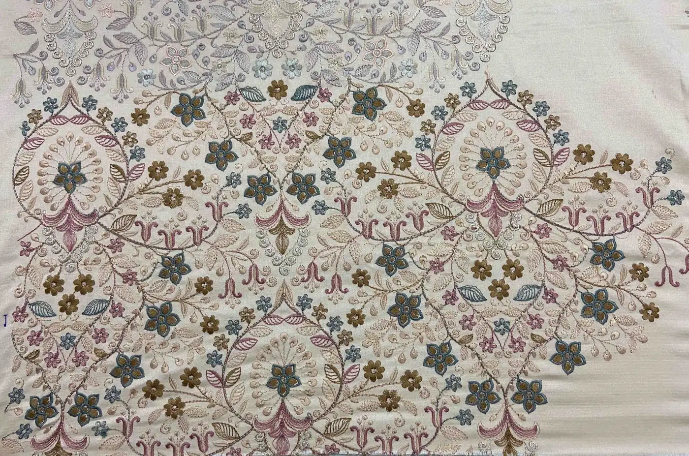 KashiFab CHO Ivory Pastel Corner Jaal Embroidery KashiFab CHO Ivory Pastel Corner Jaal Embroidery - handloom embroidery fabric Varanasi wholesale