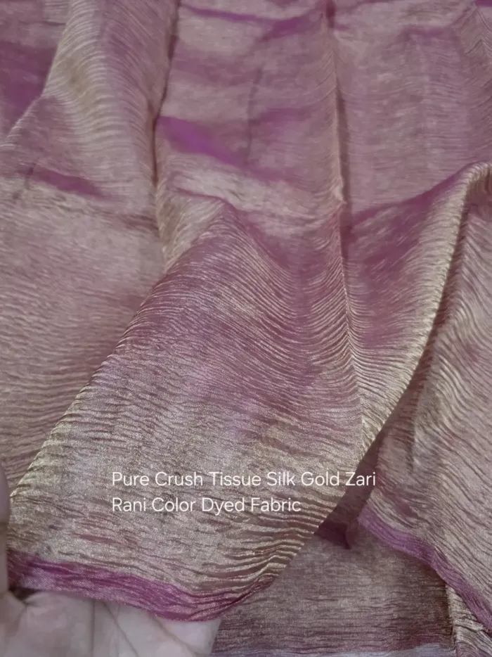 KashiFab Rani Pink Crush Gold Zari Tissue Silk Fabric - Banarasi Metallic Metre