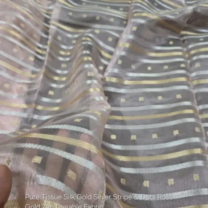 KashiFab Rose Gold Stripe Dot Tissue Silk Fabric - Banarasi Metallic Zari Metre