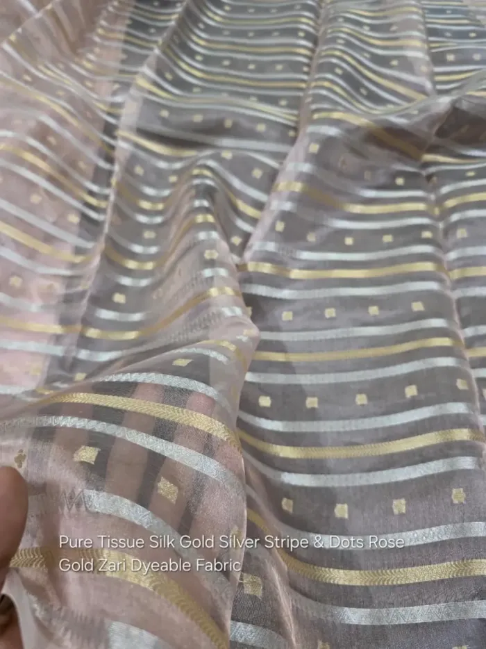 Rose Gold Stripe Dot Tissue Silk Fabric - Banarasi Metallic Zari Metre KashiFab Rose Gold Stripe Dot Tissue Silk Fabric - Banarasi Metallic Zari Metre