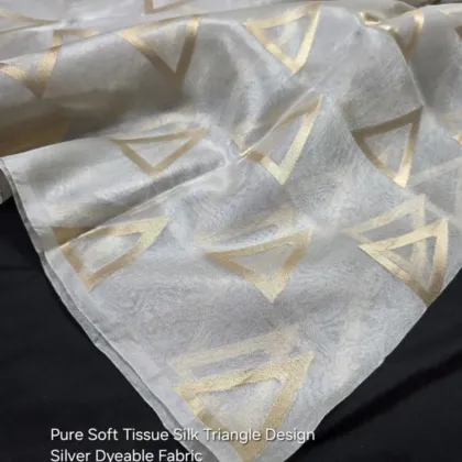KashiFab Silver Dyeable Tissue Silk Fabric - Gold Triangle Zari Design Banarasi