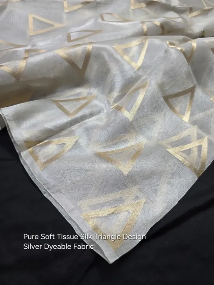 KashiFab Silver Dyeable Tissue Silk Fabric - Gold Triangle Zari Design Banarasi