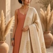 KashiFab Silver Grey Banarasi Silk Dupatta on model - authentic Varanasi Banarasi silk dupatta boho drape