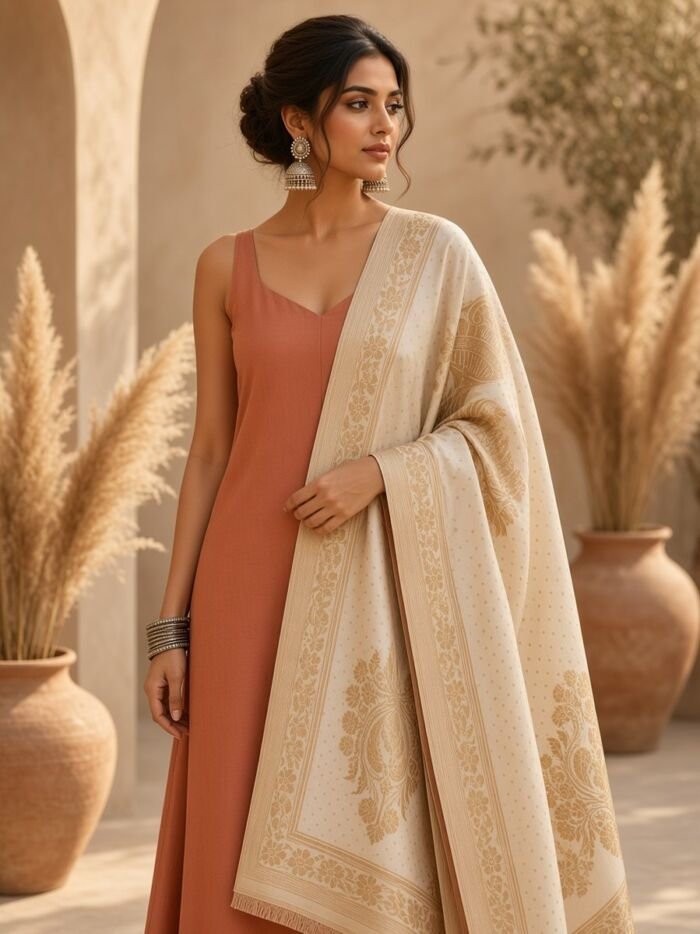 KashiFab Silver Grey Banarasi Silk Dupatta on model - authentic Varanasi Banarasi silk dupatta boho drape