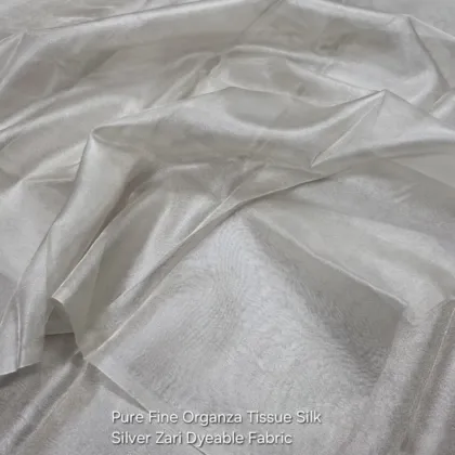 KashiFab Silver Organza Tissue Silk Fabric - Dyeable Banarasi Metallic Metre