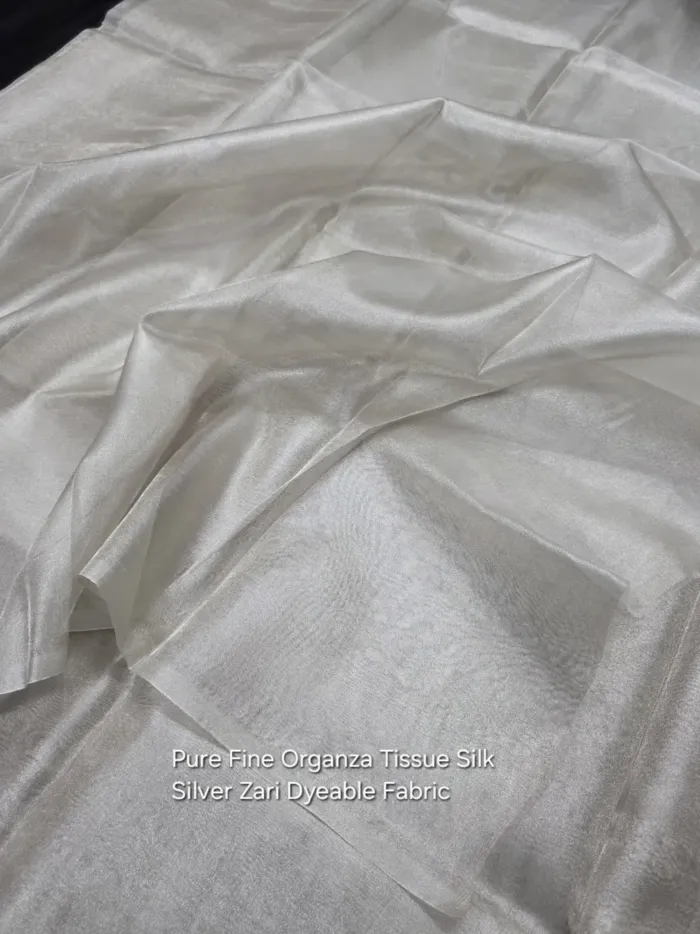 KashiFab Silver Organza Tissue Silk Fabric - Dyeable Banarasi Metallic Metre