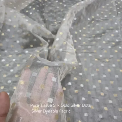 KashiFab Gold Silver Dot Banarasi Tissue Silk Fabric - Silver Dyeable Metre
