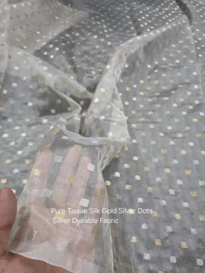 Gold Silver Dot Banarasi Tissue Silk Fabric - Silver Dyeable Metre KashiFab Gold Silver Dot Banarasi Tissue Silk Fabric - Silver Dyeable Metre