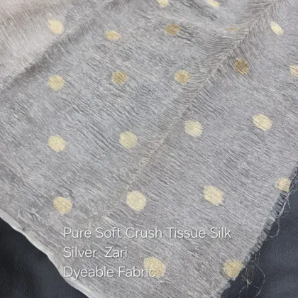 KashiFab Silver Crush Banarasi Tissue Silk Fabric - Gold Zari Polka Butta Dyeable
