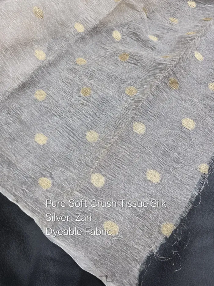 Silver Crush Banarasi Tissue Silk Fabric - Gold Zari Polka Butta Dyeable KashiFab Silver Crush Banarasi Tissue Silk Fabric - Gold Zari Polka Butta Dyeable
