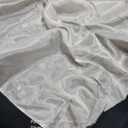 KashiFab Silver Cotton Chanderi Tissue Silk Fabric - Dyeable Banarasi Metre