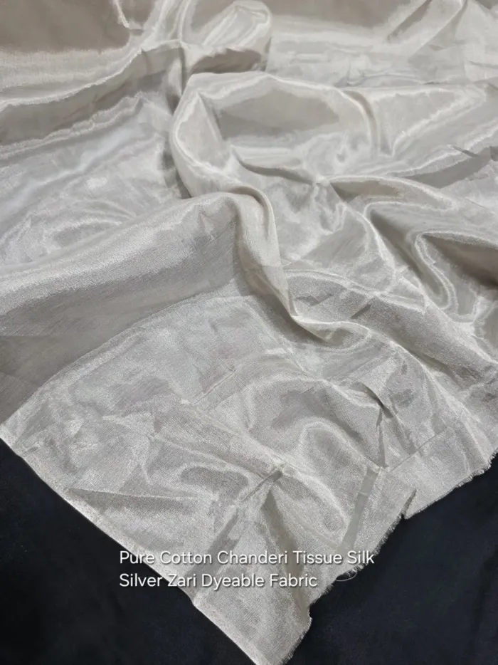 Silver Cotton Chanderi Tissue Silk Fabric - Dyeable Banarasi Metre KashiFab Silver Cotton Chanderi Tissue Silk Fabric - Dyeable Banarasi Metre