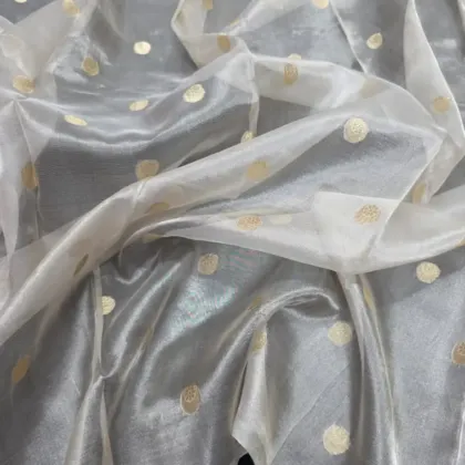 KashiFab Silver Banarasi Tissue Silk Fabric - Gold Zari Buti Metallic Metre