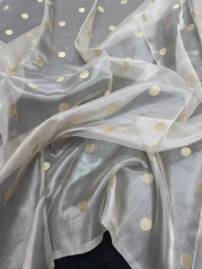 Silver Banarasi Tissue Silk Fabric - Gold Zari Buti Metallic Metre KashiFab Silver Banarasi Tissue Silk Fabric - Gold Zari Buti Metallic Metre