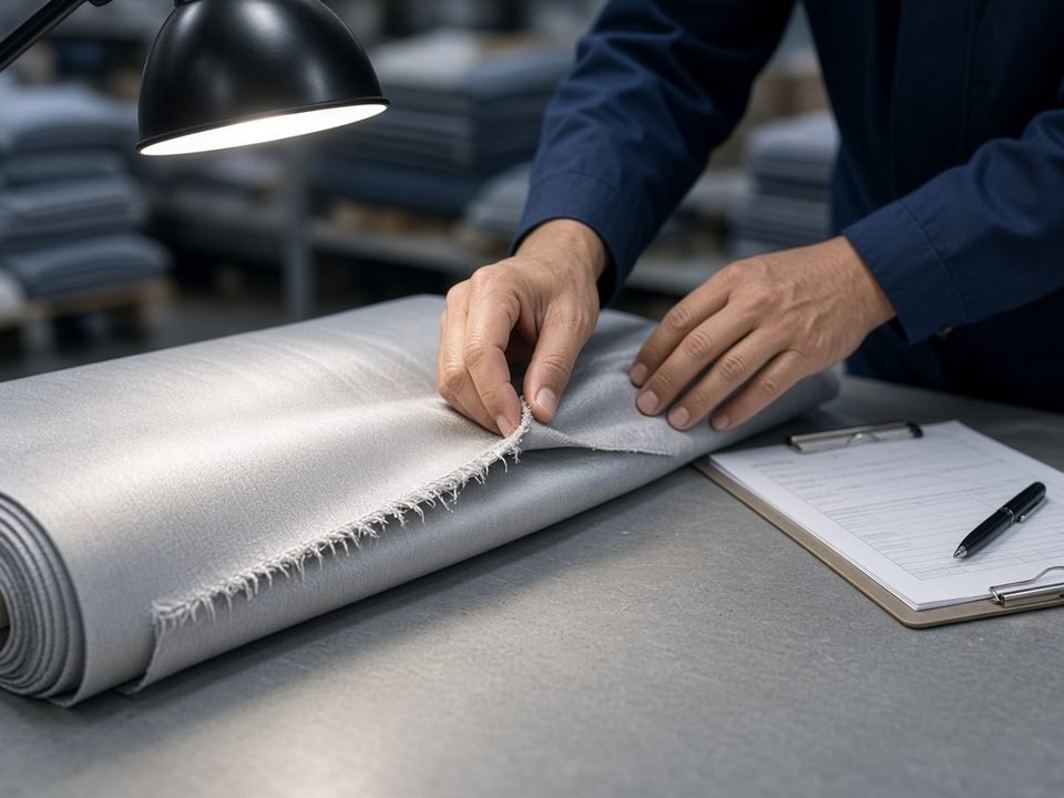 KashiFab fabric QC before shipment - checking silk bolt against clipboard notes