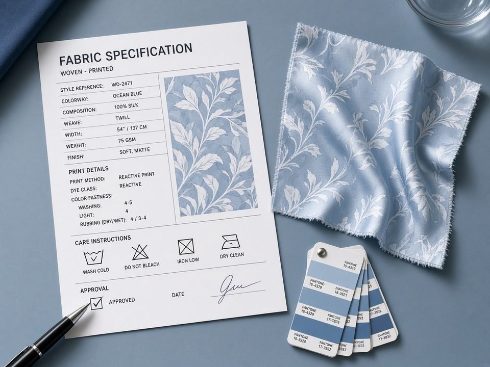 KashiFab fabric specs lock - specification sheet with silk swatch and Pantone chips