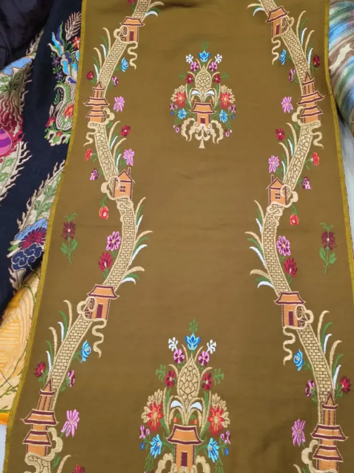 KashiFab CHO Olive Pagoda Path Tibetan Brocade - Tibetan brocade Varanasi wholesale