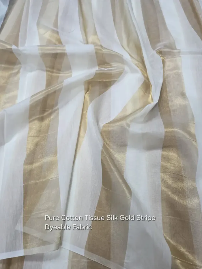 Gold Stripe Cotton Tissue Silk Fabric - Dyeable Banarasi Wholesale Metre KashiFab Gold Stripe Cotton Tissue Silk Fabric - Dyeable Banarasi Wholesale Metre