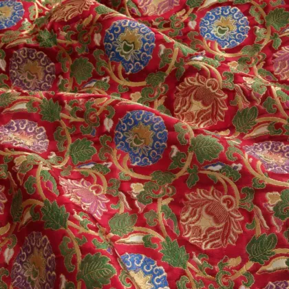 KashiFab CHO Tibetan Brocade - Coral Lotus medallion field - KF-CHO #17218 Tibetan brocade Varanasi