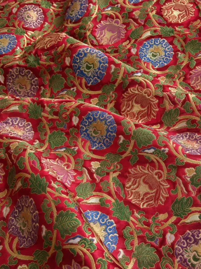 KashiFab CHO Tibetan Brocade - Coral Lotus medallion field - KF-CHO #17218 Tibetan brocade Varanasi
