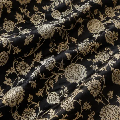 KashiFab CHO Tibetan Brocade - Black Gold floral scroll - KF-CHO #17219 Tibetan brocade Varanasi