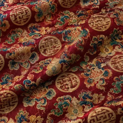 KashiFab CHO Tibetan Brocade - Coral Round floral medallion - KF-CHO #17220 Tibetan brocade Varanasi