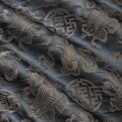 KashiFab CHO Tibetan Brocade - Slate blue Silver shou and bat - KF-CHO #17227 Tibetan brocade Varanasi