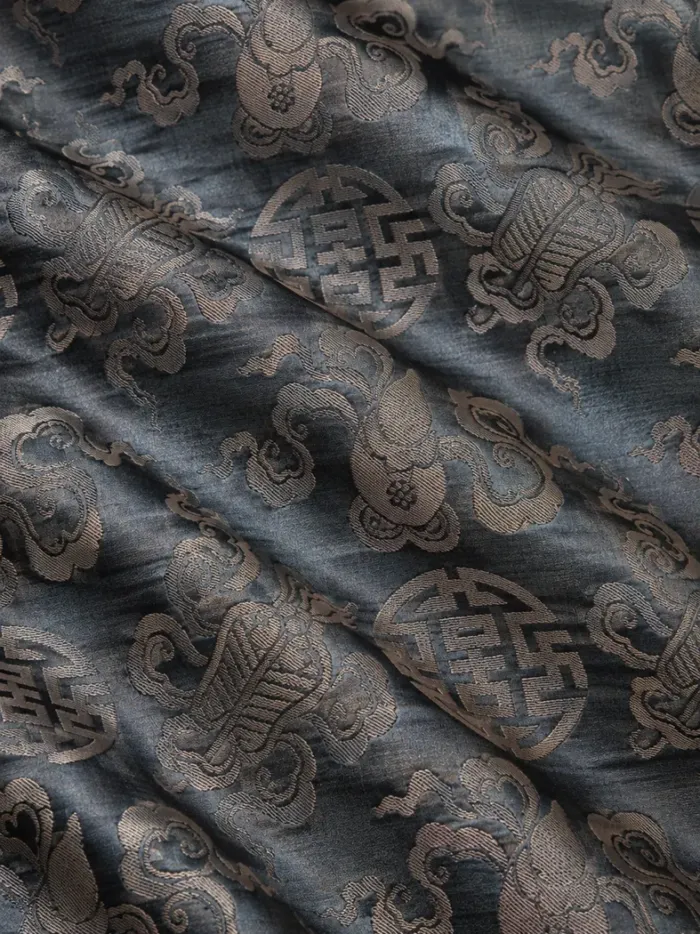 KashiFab CHO Tibetan Brocade - Slate blue Silver shou and bat KashiFab CHO Tibetan Brocade - Slate blue Silver shou and bat - KF-CHO #17227 Tibetan brocade Varanasi