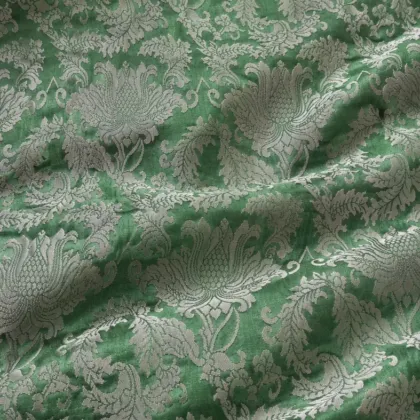 KashiFab CHO Tibetan Brocade - Green Silver peony vine - KF-CHO #17229 Tibetan brocade Varanasi