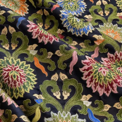 KashiFab CHO Tibetan Brocade - Navy Polychrome flower stack - KF-CHO #17230 Tibetan brocade Varanasi