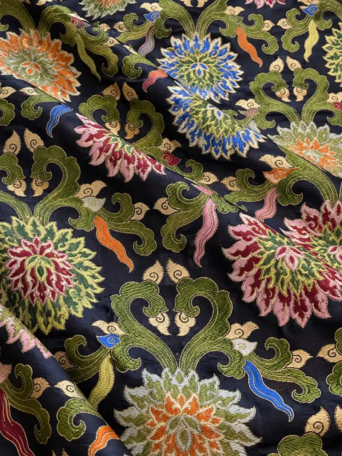 KashiFab CHO Tibetan Brocade - Navy Polychrome flower stack - KF-CHO #17230 Tibetan brocade Varanasi