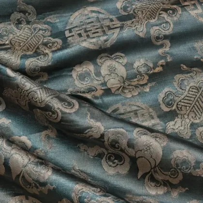 KashiFab CHO Tibetan Brocade - Teal Silver shou cloud - KF-CHO #17231 Tibetan brocade Varanasi