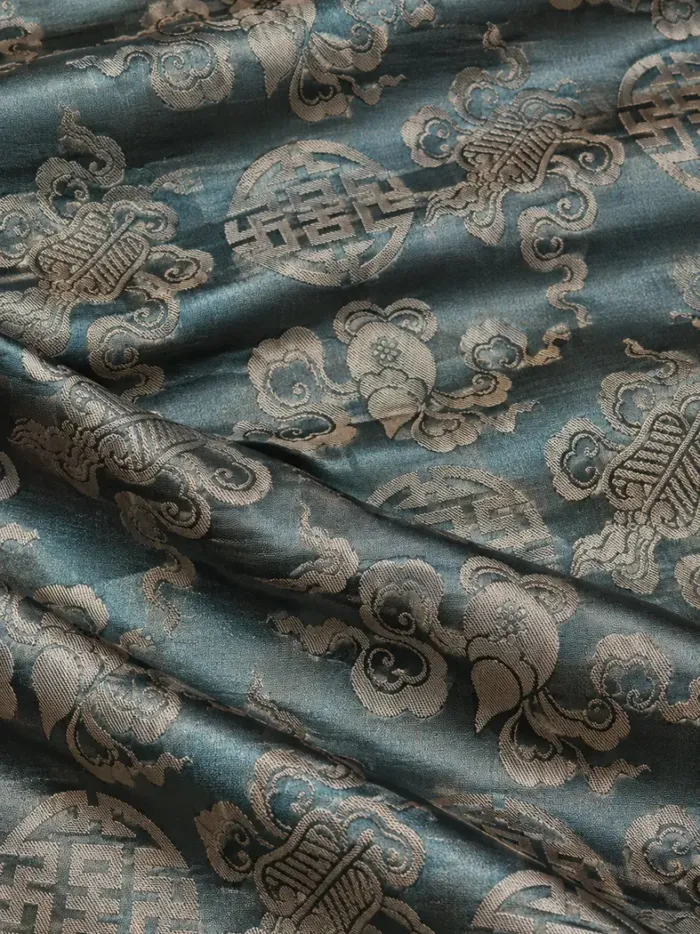 KashiFab CHO Tibetan Brocade - Teal Silver shou cloud - KF-CHO #17231 Tibetan brocade Varanasi