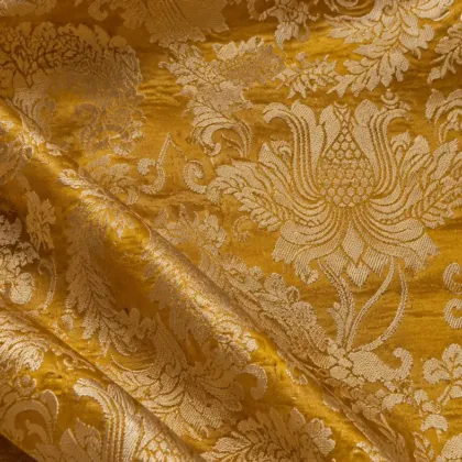 KashiFab CHO Tibetan Brocade - Mustard Cream peony vine - KF-CHO #17233 Tibetan brocade Varanasi