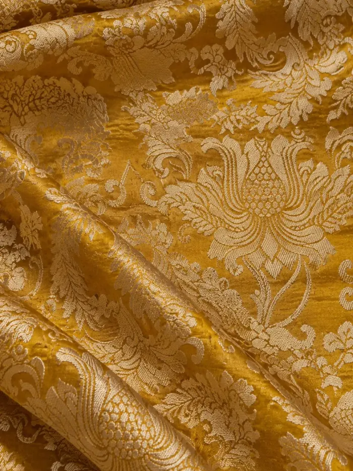 KashiFab CHO Tibetan Brocade - Mustard Cream peony vine - KF-CHO #17233 Tibetan brocade Varanasi