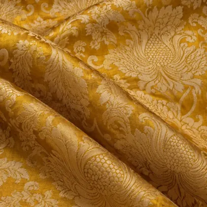KashiFab CHO Tibetan Brocade - Mustard Cream vine peony - KF-CHO #17239 Tibetan brocade Varanasi