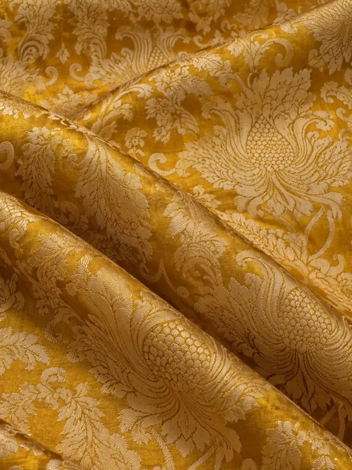 KashiFab CHO Tibetan Brocade - Mustard Cream vine peony - KF-CHO #17239 Tibetan brocade Varanasi