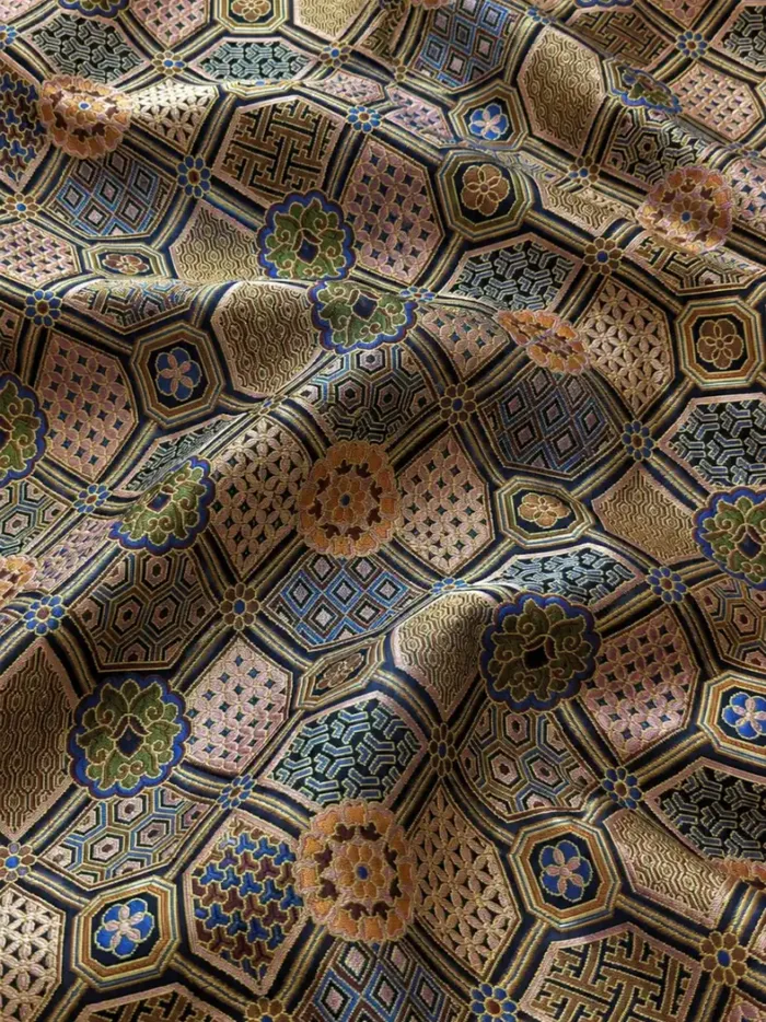 KashiFab CHO Tibetan Brocade - Peach Hexagon flower lattice - KF-CHO #17241 Tibetan brocade Varanasi