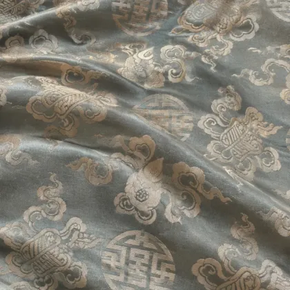 KashiFab CHO Tibetan Brocade - Slate blue Silver shou bat - KF-CHO #17243 Tibetan brocade Varanasi