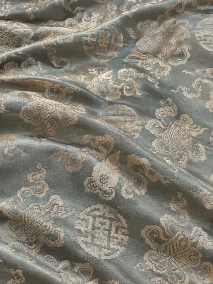 KashiFab CHO Tibetan Brocade - Slate blue Silver shou bat - KF-CHO #17243 Tibetan brocade Varanasi