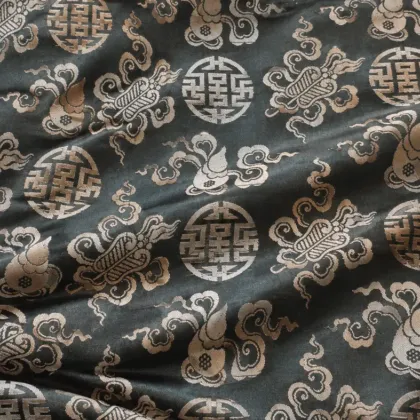 KashiFab CHO Tibetan Brocade - Slate blue Silver bat shou - KF-CHO #17249 Tibetan brocade Varanasi