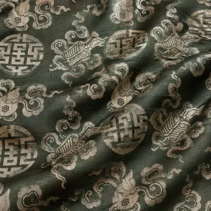 KashiFab CHO Tibetan Brocade - Olive Silver shou on olive - KF-CHO #17251 Tibetan brocade Varanasi