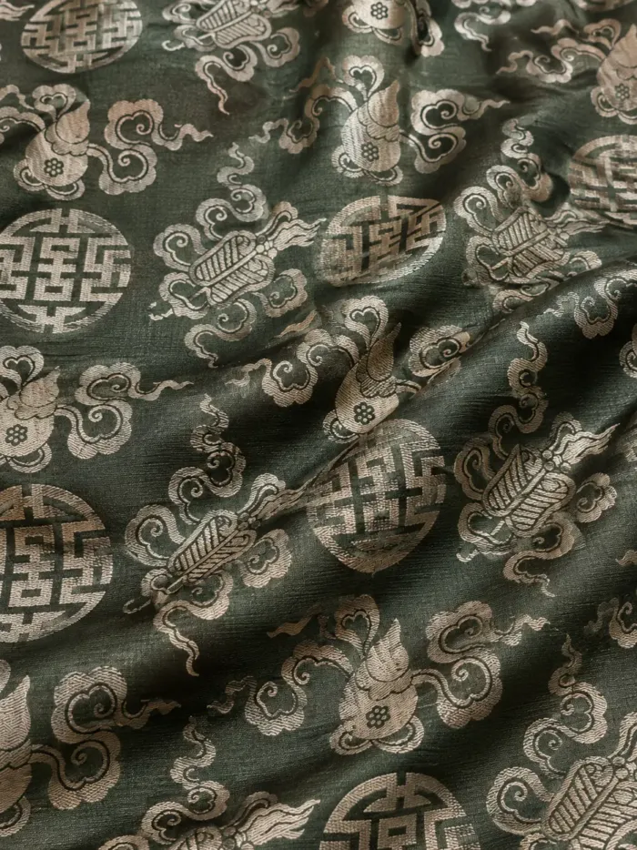 KashiFab CHO Tibetan Brocade - Olive Silver shou on olive - KF-CHO #17251 Tibetan brocade Varanasi