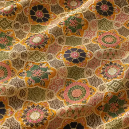 KashiFab CHO Tibetan Brocade - Orange Star flower medallion - KF-CHO #17252 Tibetan brocade Varanasi