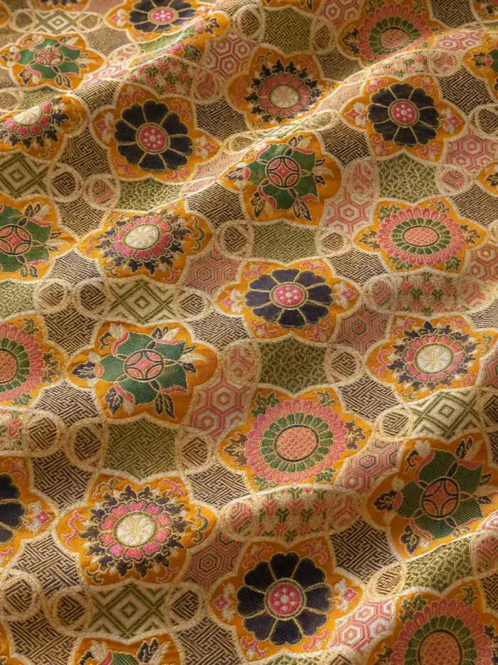 KashiFab CHO Tibetan Brocade - Orange Star flower medallion - KF-CHO #17252 Tibetan brocade Varanasi